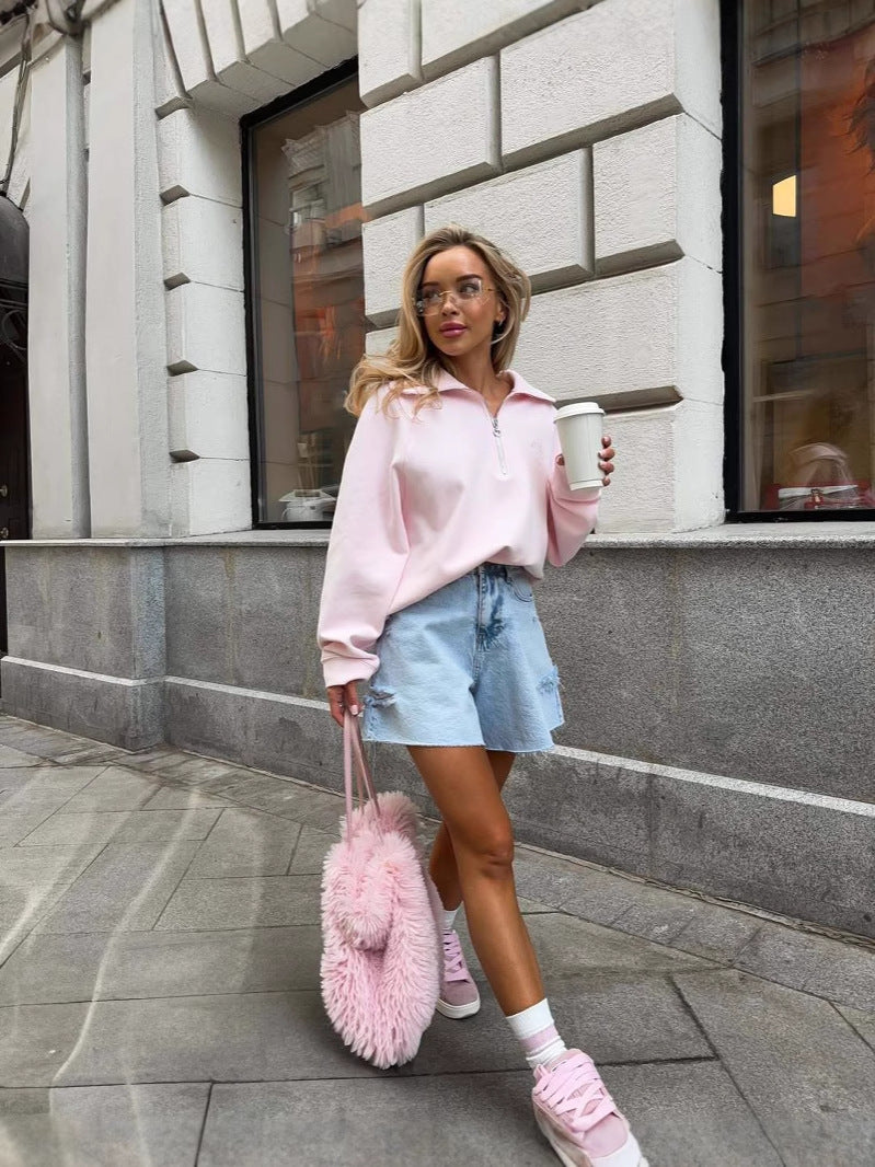 Embroidered half-zip sweatshirt in pink