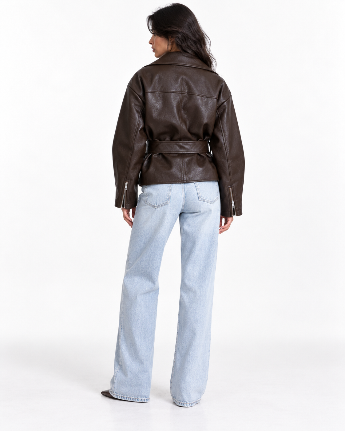 Belted cropped faux leather jacket in brown, back view