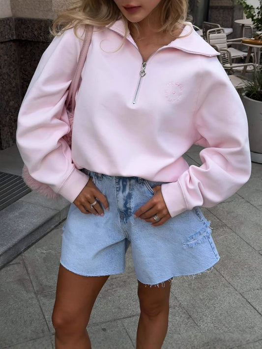 Embroidered half-zip sweatshirt in pink