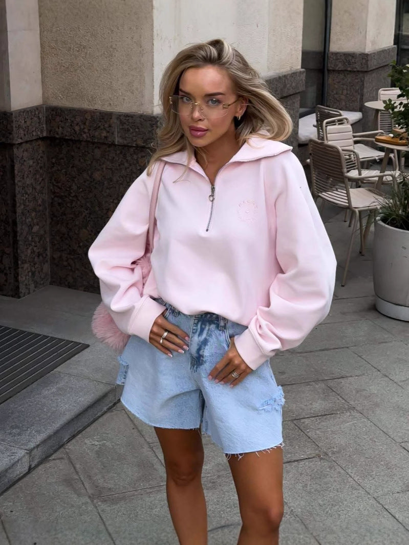 Embroidered half-zip sweatshirt in pink
