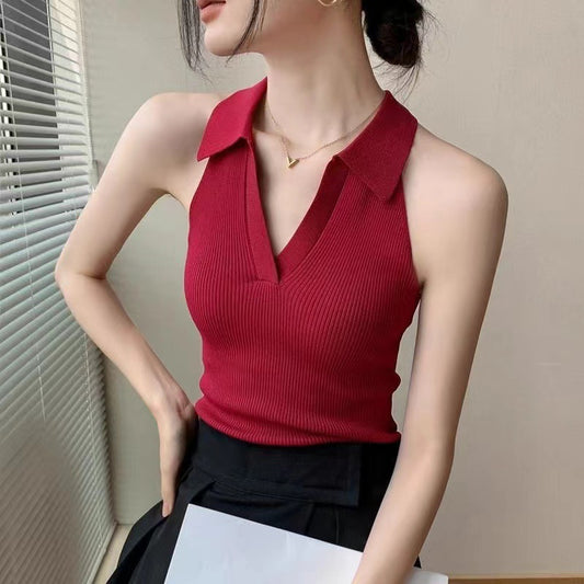 Collared Halter Knit Top