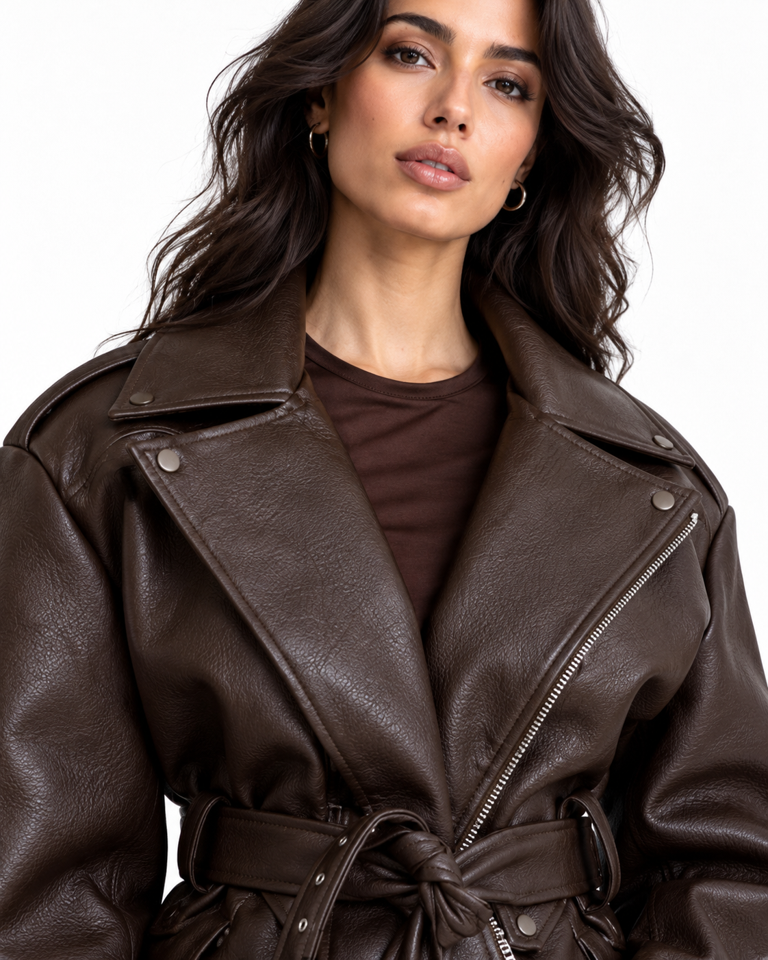 Wide lapel collar and zip front of the brown faux leather jacket