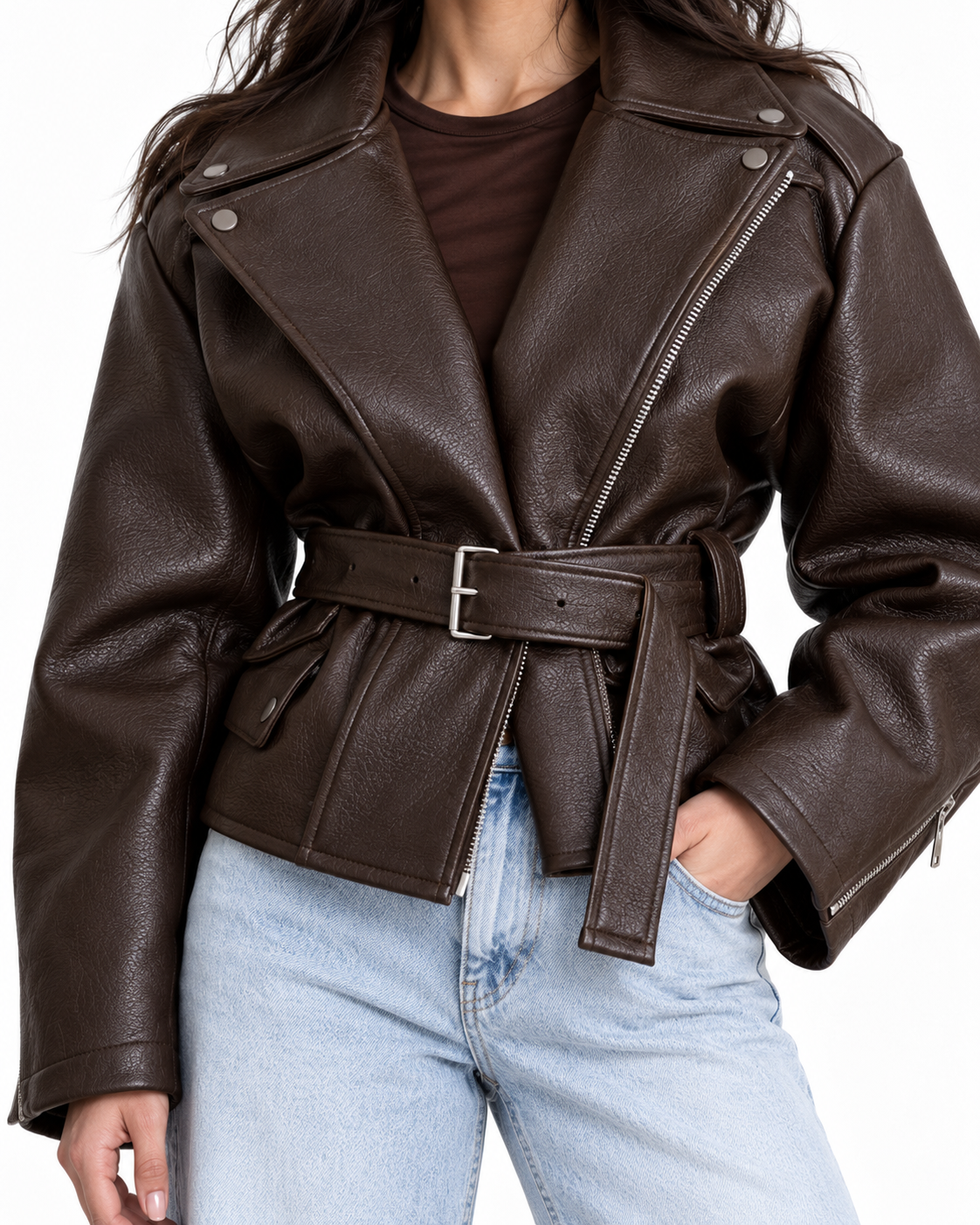 Front detail of the brown faux leather jacket