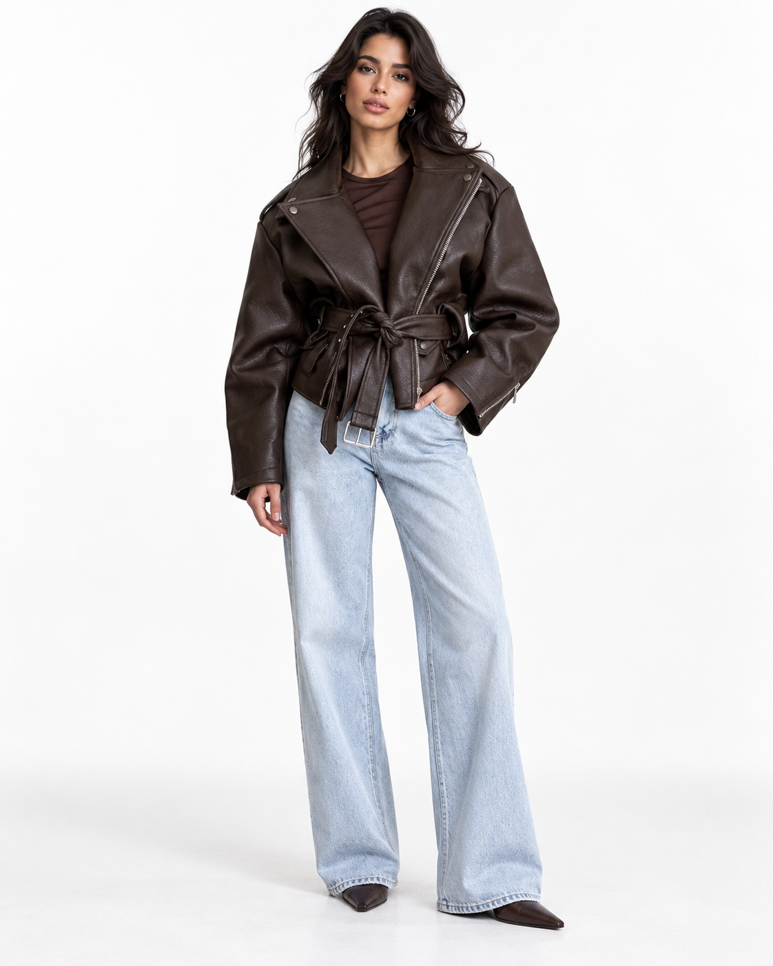 Belted cropped faux leather jacket in brown, front view