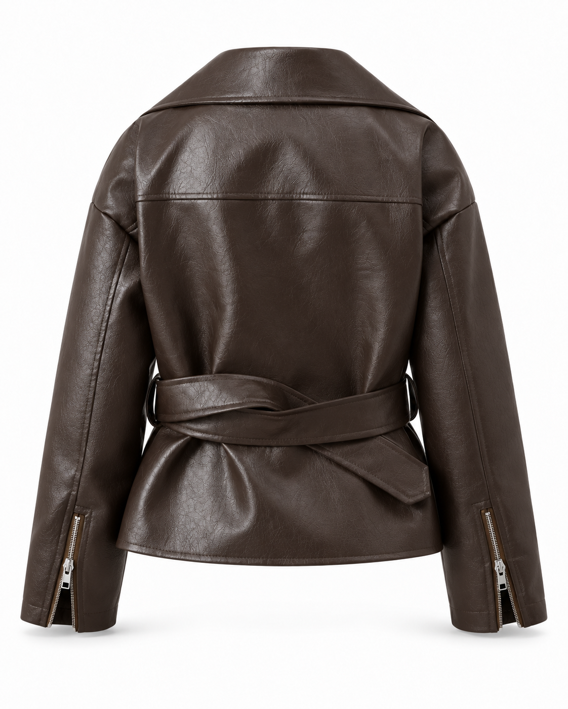 Belted cropped faux leather jacket in brown, back, product only