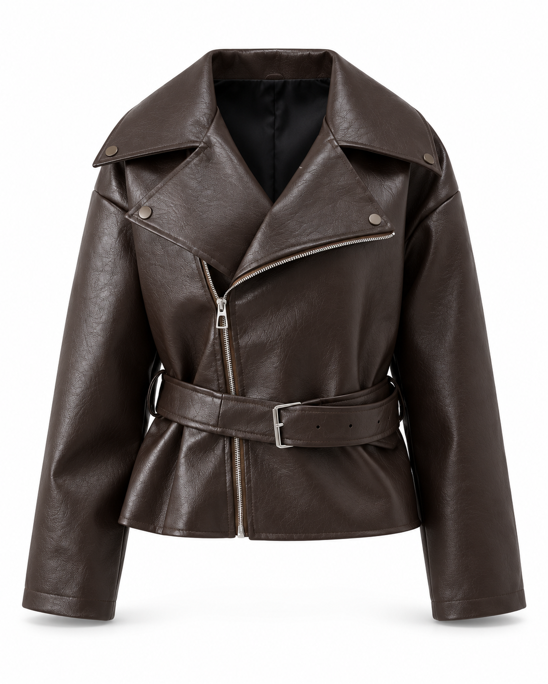 Belted cropped faux leather jacket in brown, front, product only