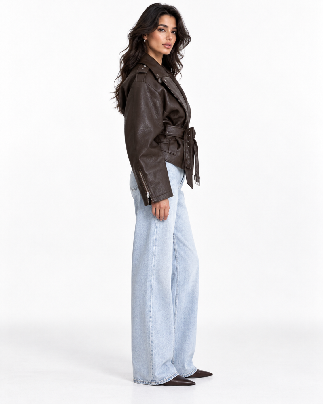 Belted cropped faux leather jacket in brown, side view